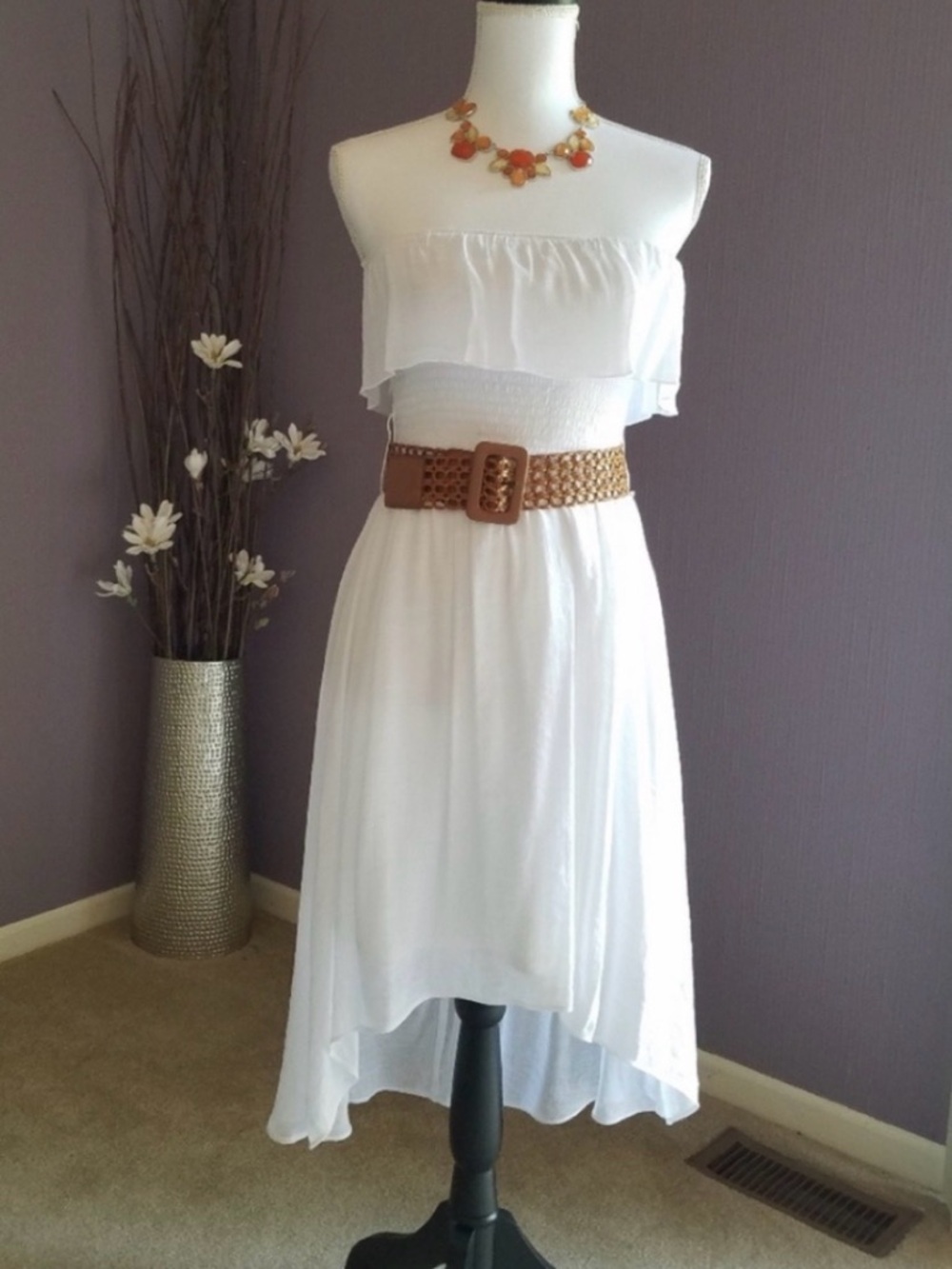 Iz Byer Bright White Strapless Hi Lo Dress with Tan Belt